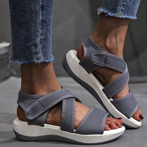 Thick Bottom Strappy Soft Sole Open Toe Velcro Closure Women Sandals - Grey image