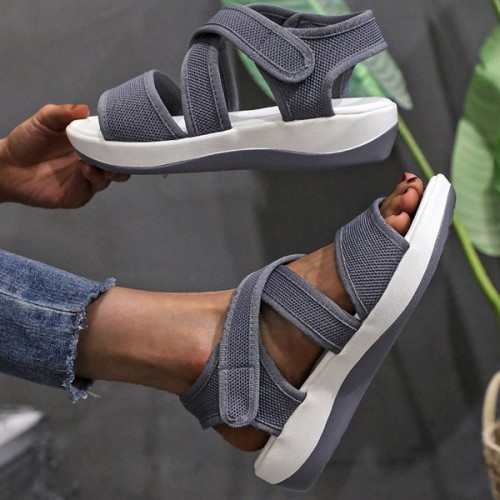Thick Bottom Strappy Soft Sole Open Toe Velcro Closure Women Sandals - Grey image