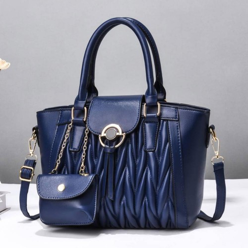 Elegant Inner Pockets Drawstring Buckle Winkled Women Hand Bags - Blue image