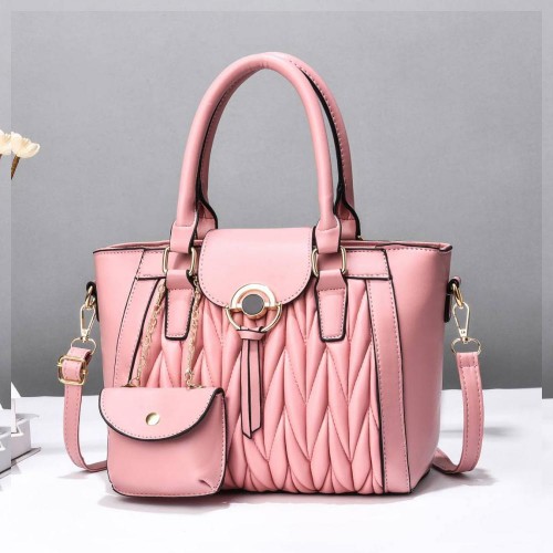 Elegant Inner Pockets Drawstring Buckle Winkled Women Hand Bags - Pink image
