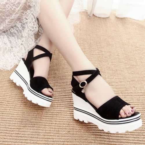 Strappy Thick Bottom Buckle Closure Open Toe Women Wedge Sandals - Black image