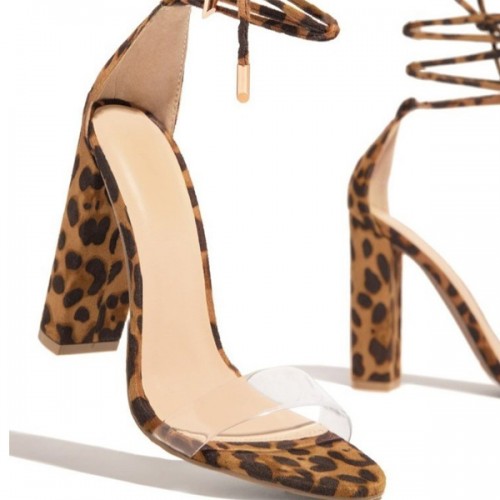 Leopard Transparent Gladiator Ankle Strap Thin High Heels Women Sandals - Leopard image