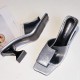 Flip Flop Solid Color Transparent Square Toe Women Mid Heels Slippers - Grey image