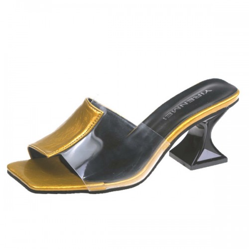 Flip Flop Solid Color Transparent Square Toe Women Mid Heels Slippers - Gold image