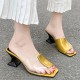 Flip Flop Solid Color Transparent Square Toe Women Mid Heels Slippers - Gold image