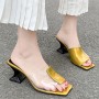 Flip Flop Solid Color Transparent Square Toe Women Mid Heels Slippers - Gold