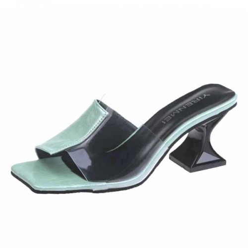 Flip Flop Solid Color Transparent Square Toe Women Mid Heels Slippers - Green image