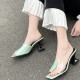 Flip Flop Solid Color Transparent Square Toe Women Mid Heels Slippers - Green image