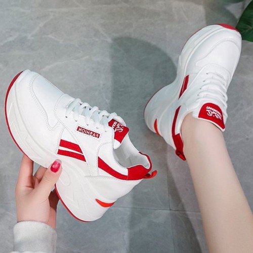 Thick Bottom Lace Up Low Cut Round Head Mesh Sneakers - Red image