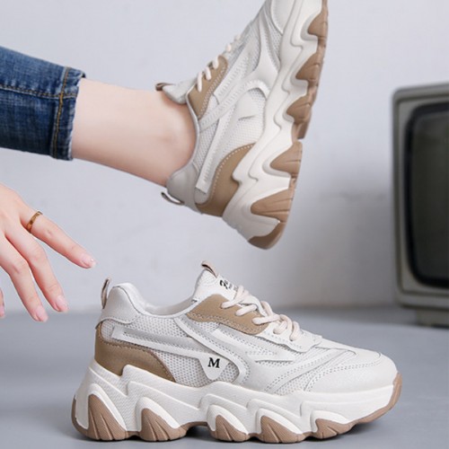 Letter Detail Front Chunky Lace up Color Block Sneakers - Beige image