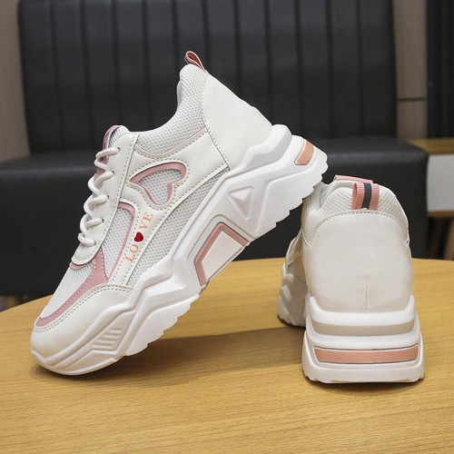 Breathable Soft Sole Thick Bottom Mesh Lace Up Sneakers - Pink image