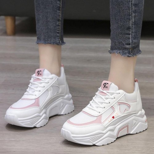 Breathable Soft Sole Thick Bottom Mesh Lace Up Sneakers - Pink image