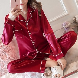 Sloid Color Silk Lapel Long Sleeve Pajama Cardigan Nightwear - Red