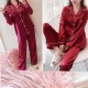 Sloid Color Silk Lapel Long Sleeve Pajama Cardigan Nightwear - Red image