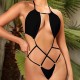 Strappy Halter Swimsuit Backless Beach Bikini Bodysuit - Black image
