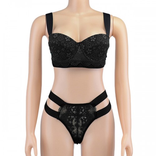  Luxury Two Pieces Bralette Lace Nightwear Bra & Panty Set - Black image