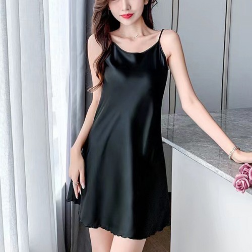 Comfortable Uniform Slim Silk Solid Color Women Nightwear - Black image