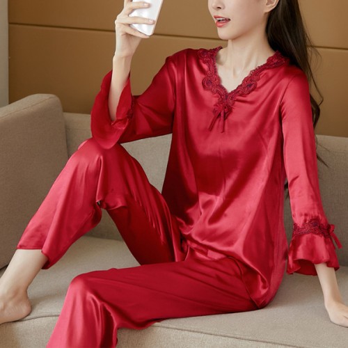 Two Piece Long Sleeve Pajamas V Neck Silk Stain Nightwear - Red image
