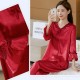 Two Piece Long Sleeve Pajamas V Neck Silk Stain Nightwear - Red image