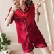 Solid Color Lapel Collar Cardigan Short Sleeve Nightwear Set - Red image