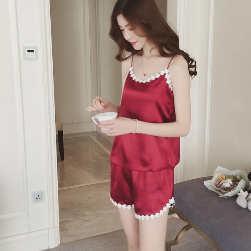 Sleeveless Lace Floral Vest Sling Pajama Set Nightwear - Red image