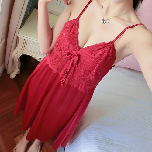 Leisure Style Lace Stripy Sleeveless Plunge Neck Skirted Nightwear - Red image