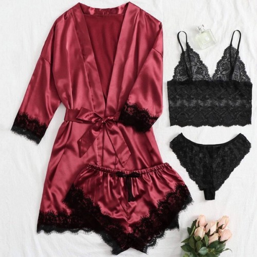 Silk Satin Knotted Pajamas Set 4pcs Lace Floral Nightwear - Red image