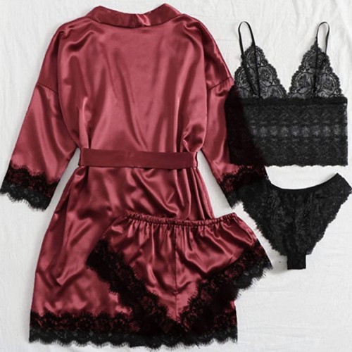 Silk Satin Knotted Pajamas Set 4pcs Lace Floral Nightwear - Red image