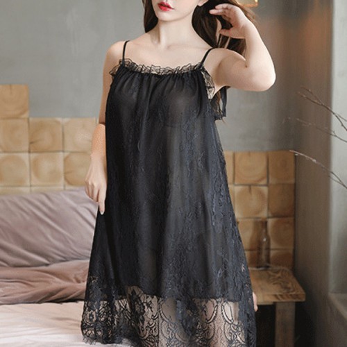 Camisole Women Lace Detailed Lingerie Gown Nightdress - Black image