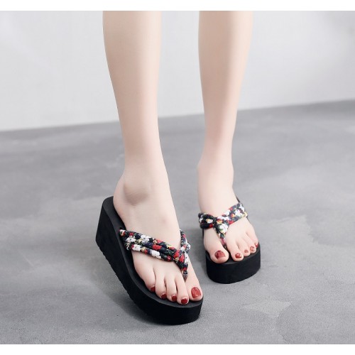 Platform Thong Thick Soled Strappy Women Bath Slippers - Black image
