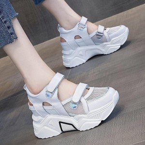 Chunky Platform Lace Up Breathable Mesh Ladies Sneakers - White