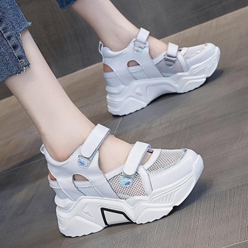 Chunky Platform Lace Up Breathable Mesh Ladies Sneakers - White image