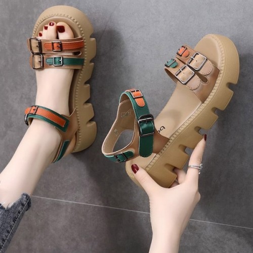 Roman Style Thick Bottom Buckle Closure Straps Sandals - Green image
