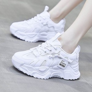 Breathable Flat Heel Lace Up Shallow Mouth Sports Sneakers - White