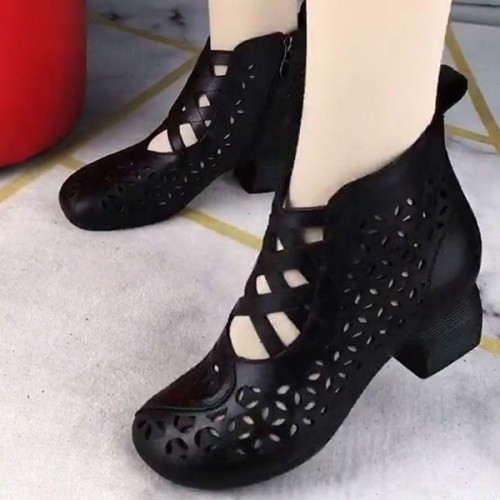 High Top Back Zipper Non-slip Hollow Out Soft Sole Casual Shoes - Black image