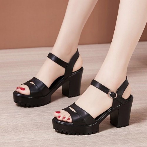 Grace Style Ankle Buckle Strap Fish Mouth Soft High Heel Sandals - Black image