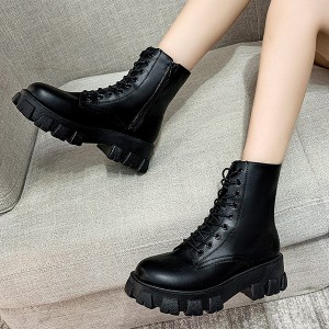 Solid Sewing Thread Lace-up Side Zipper Mid Tube Chunky  Boots - Black