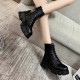 Solid Sewing Thread Lace-up Side Zipper Mid Tube Chunky Boots - Black image