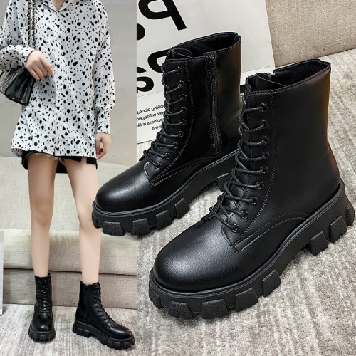 Solid Sewing Thread Lace-up Side Zipper Mid Tube Chunky Boots - Black image