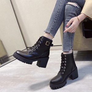 Soft Sole High Top Belt Buckle Laces Chunky Heel Short Boots - Black
