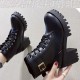 Soft Sole High Top Belt Buckle Laces Chunky Heel Short Boots - Black image