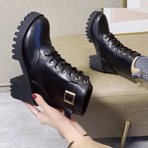 Soft Sole High Top Belt Buckle Laces Chunky Heel Short Boots - Black image