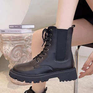 Comfort Round Head Lace Up Lacing Design Square Heel Short Boots - Black