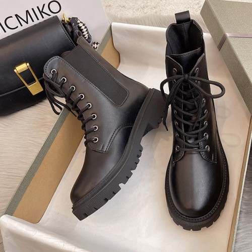 Comfort Round Head Lace Up Lacing Design Square Heel Short Boots - Black image