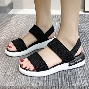 Comfy Open Toe Strappy Elastic Mesh Flat Sports Sandals - Black