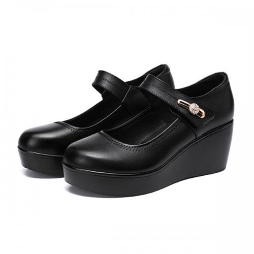 Platform Round Toe Soft Sole Wedge Women Casual Shoes - Black image