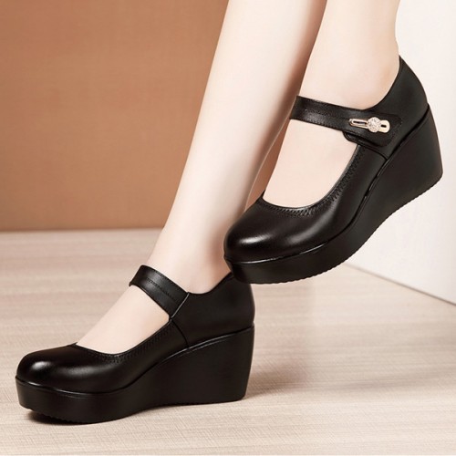 Platform Round Toe Soft Sole Wedge Women Casual Shoes - Black image