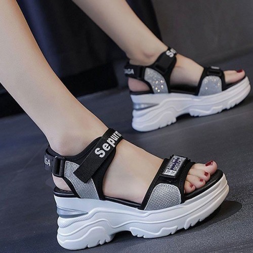 Luxury Strappy Thick Bottom Velcro Fish Mouth Sports Sandals - Grey image