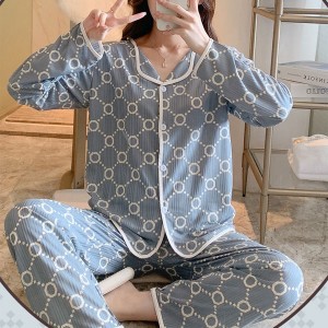 Comfortable Geometric Pattern Cardigan Pajamas Set Nightwear - Grey