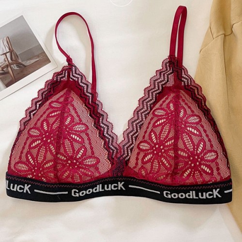 Detachable Adjusted Straps Floral Lace Wireless Thin Mold Cup Bra - Red image